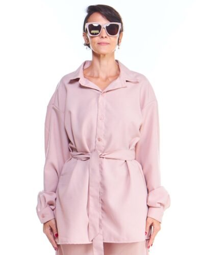 Camisa Oversized Feminina Linho Fake Rosa Manga Longa