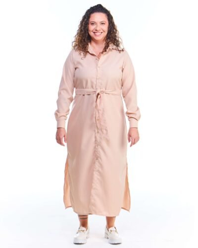 Vestido Chemise Linho Fake Bege Midi Manga Longa