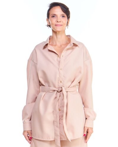 Camisa Oversized Feminina Linho Fake Bege Manga Longa