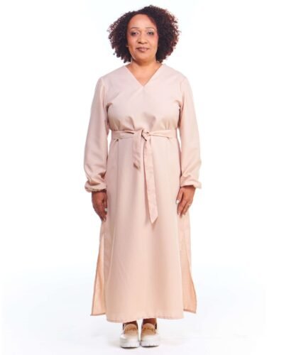 Vestido Midi Bege Linho Fake Manga Longa