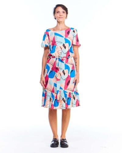 Vestido Babado Colorido Estampado Midi Manga Curta Viscose